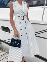 Fashion Stripe Print Sleeveless Suit Collar Belted Midi Dress
